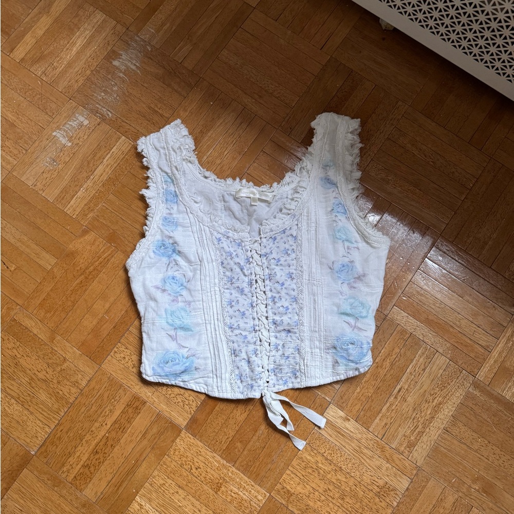 LoveShackFancy White Cropped Lace-Up Floral Tank